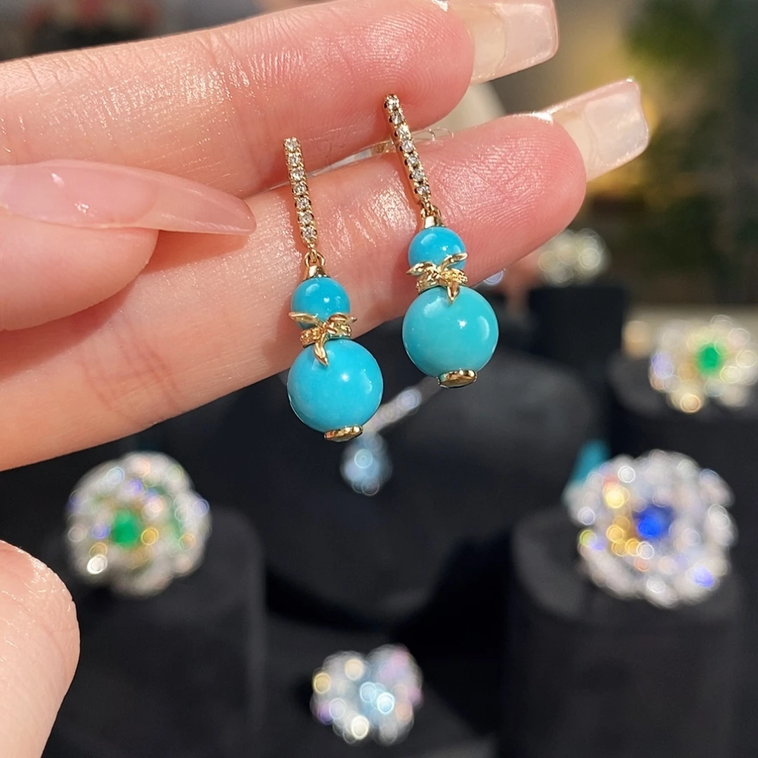 绿松石18K金镶嵌耳饰8ct