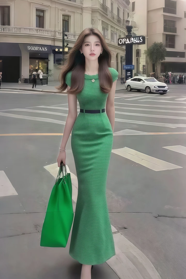 时尚新款小众轻奢高级绿色修身圆领收腰包臀连衣裙女显瘦气质长裙