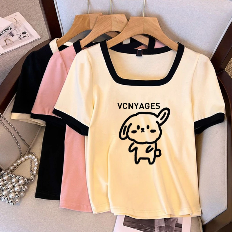 大码200斤美式复古正肩方领拼色短袖t恤女设计感休闲百搭显瘦上衣