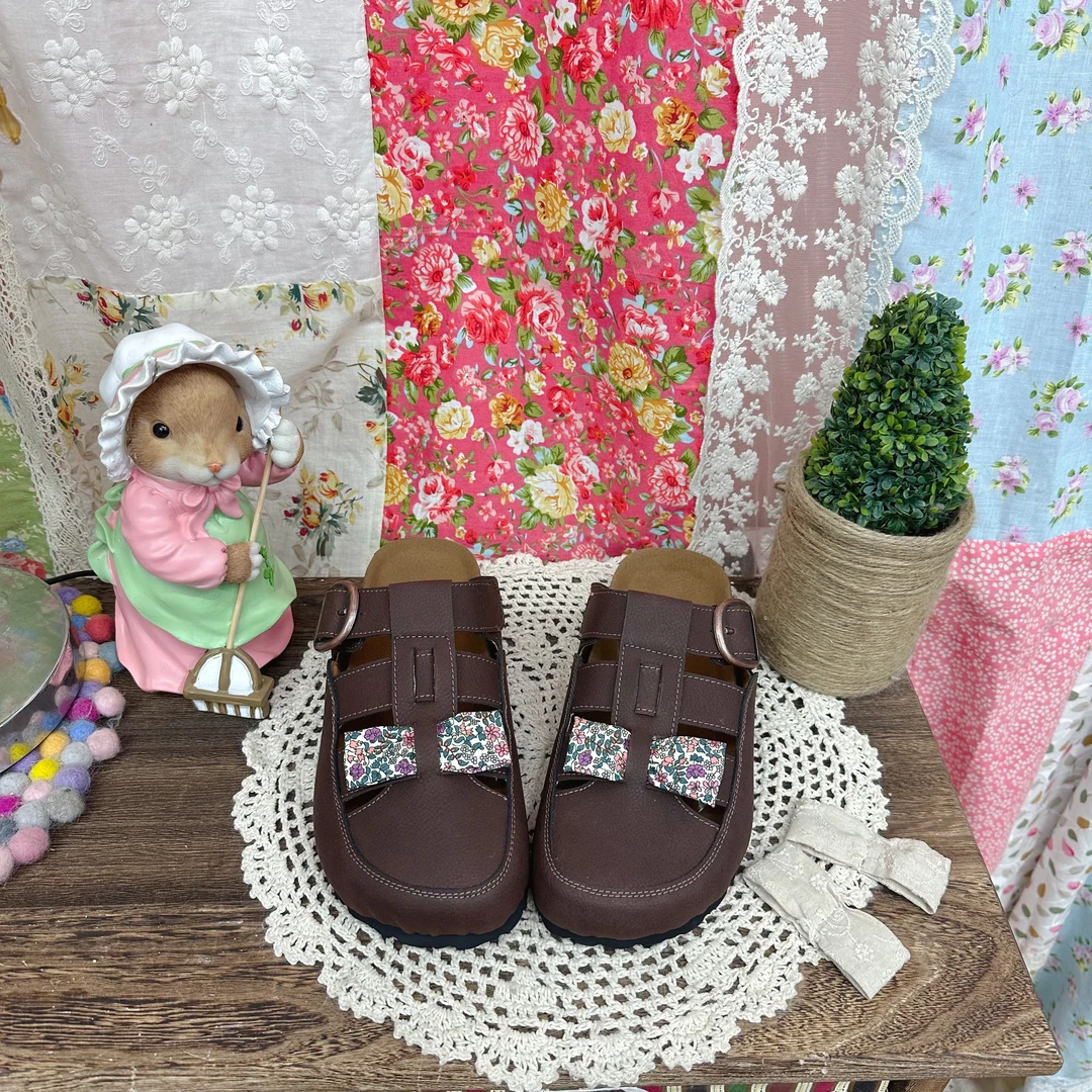 美丽颂自制蝴蝶结可拆换勃肯包头拖复古百搭镂空罗马拖鞋森系舒适