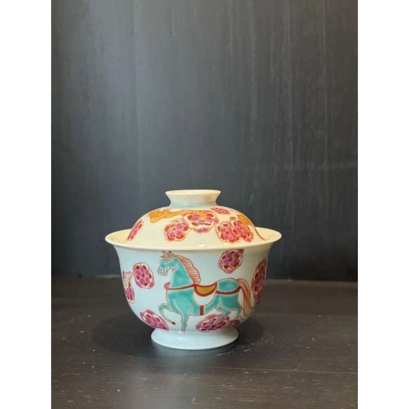 雨溪山房 红绿彩走马观花盖碗 YX00139