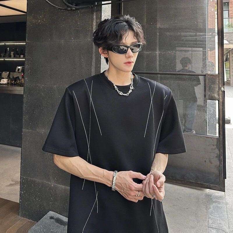 夏季高级感设计缉明线百搭休闲垫肩T恤男短袖痞帅重磅半袖t恤上衣