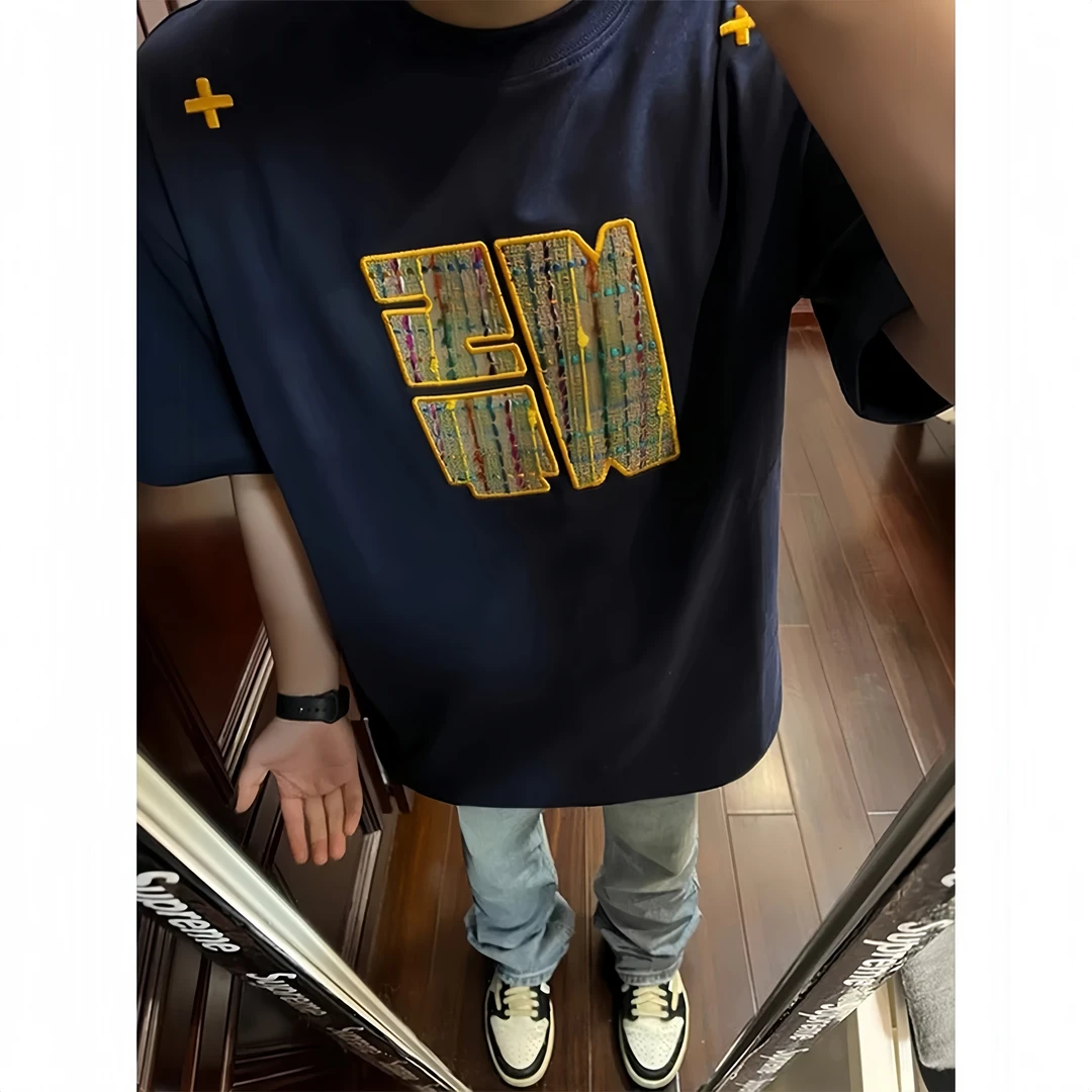 美式复古藏蓝色t恤男女夏季圆领刺绣短袖设计感小众休闲情侣半袖