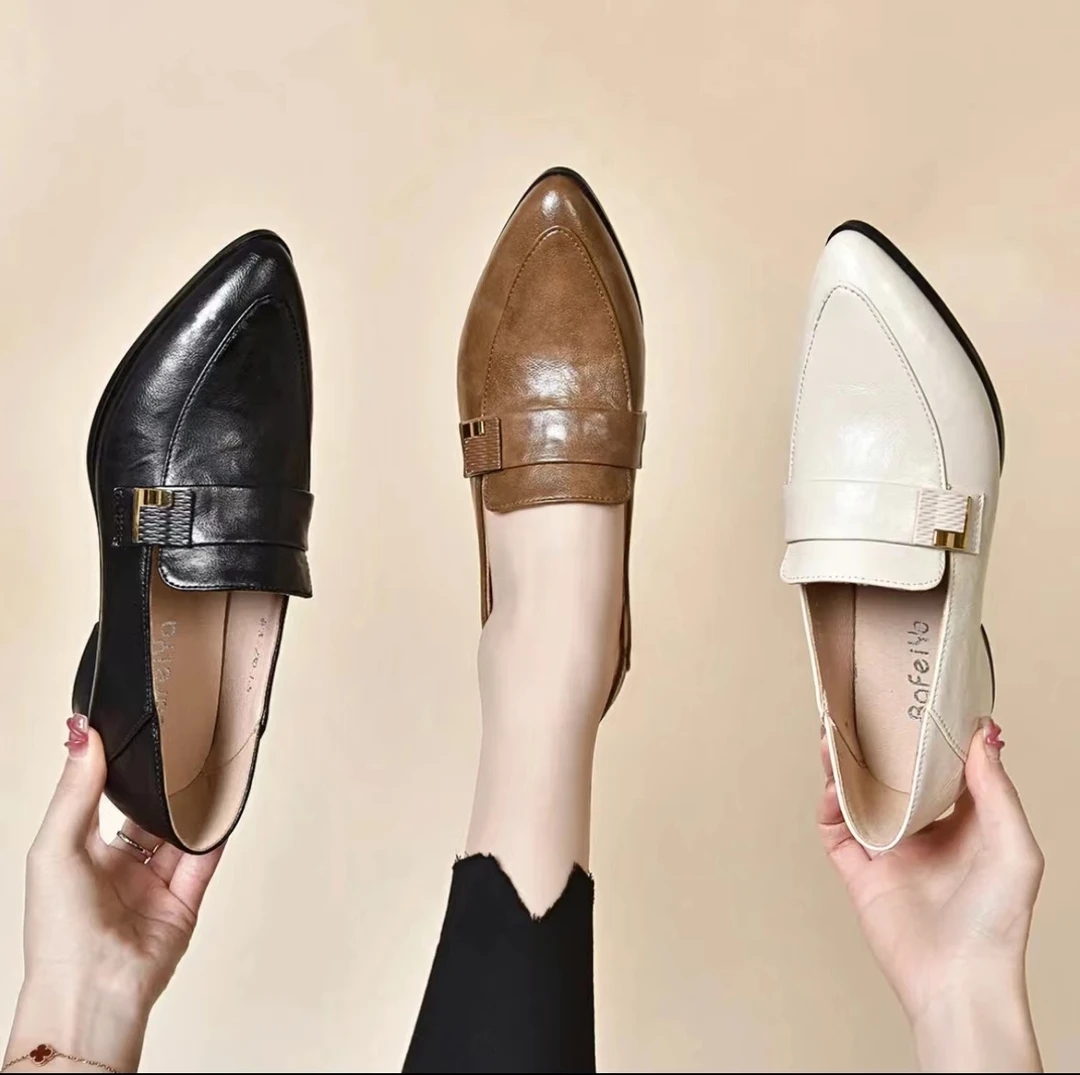 【品牌力荐】春夏新款女真皮气质百搭坡跟低跟尖头鞋时尚百搭633