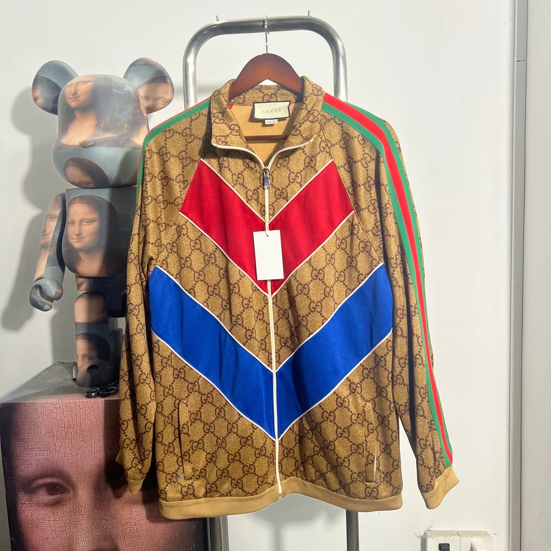 99新 GUCCI/古驰 红蓝条纹满印拉链外套X2008尺码：M衣长76胸围56