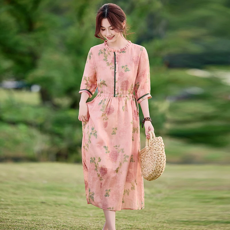 高端苎麻碎花连衣裙女2025新款夏季气质显瘦文艺复古国风棉麻裙子