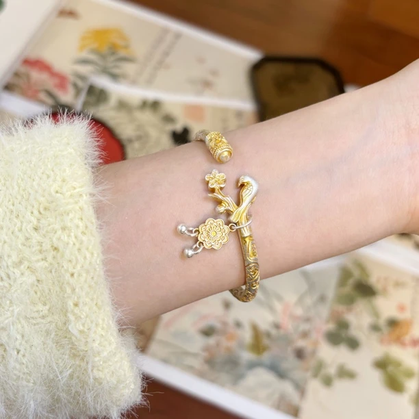 足银手镯 【喜上眉梢】描金立体足银开口实心足银999.9手镯