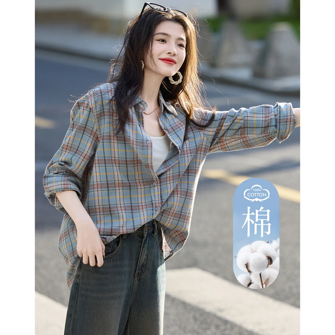 【娃娃专属】德·玛纳纯棉格纹衬衫宽松落肩长袖衬衣女装上衣