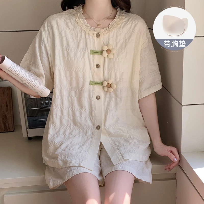 带胸垫睡衣女款夏季短袖2025新款云朵棉公主风甜美简约家居服套装