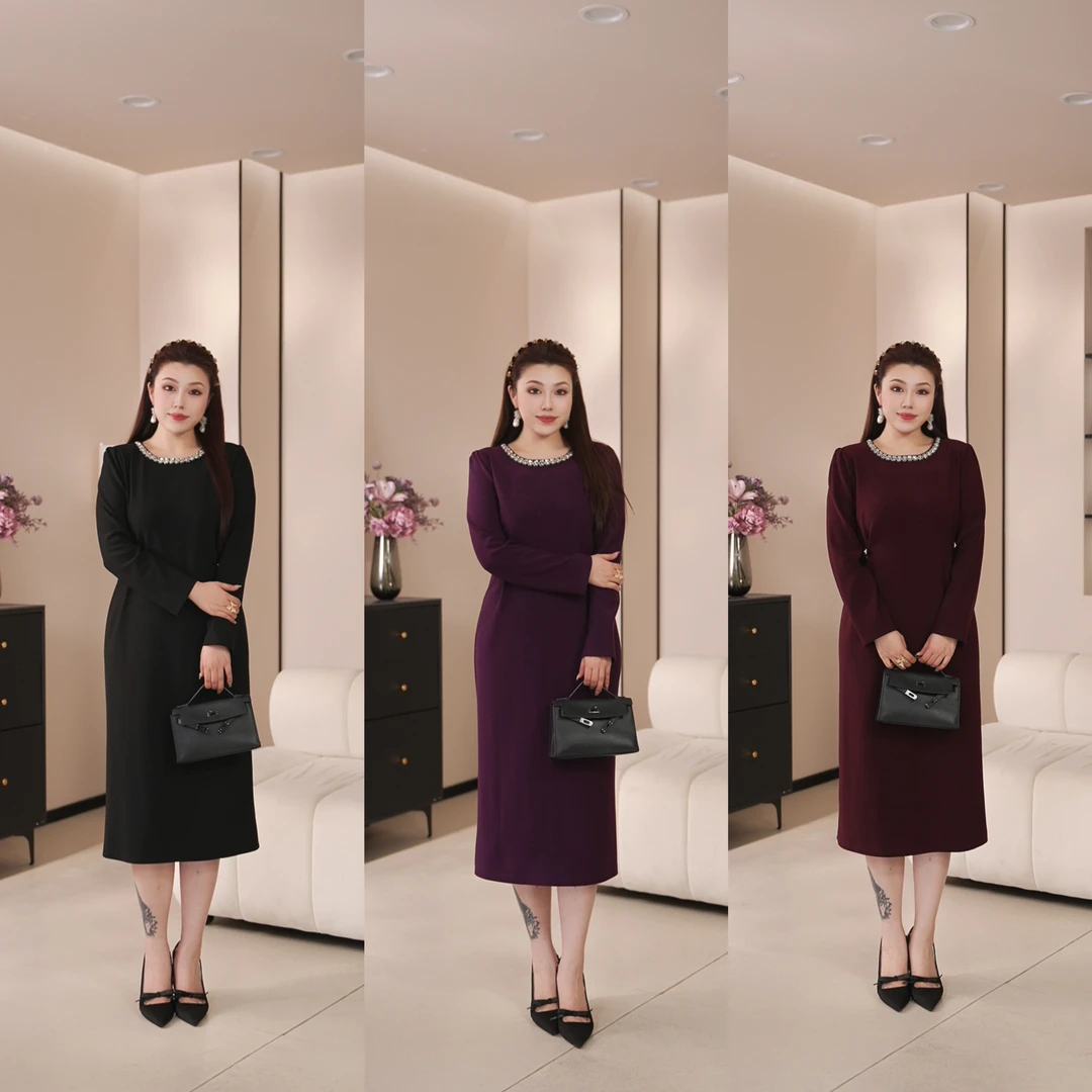 XYD71786/XYD71794圆领串珠贵气修身精致加绒显瘦大码女装连衣裙