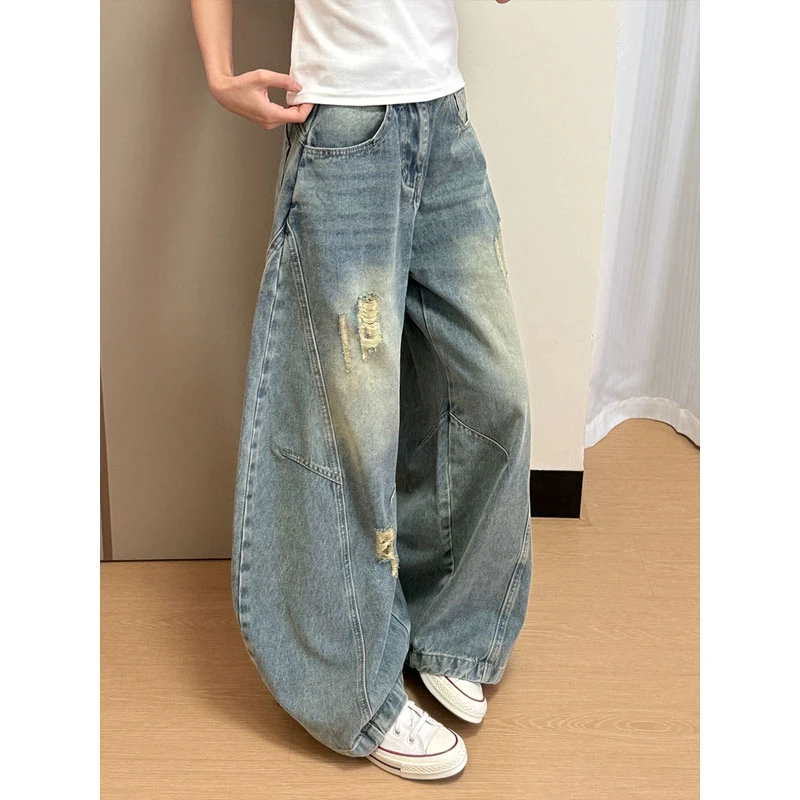 怀旧蓝破洞弯刀牛仔裤男款夏季美式高街vibe阔腿裤子宽松直筒长裤