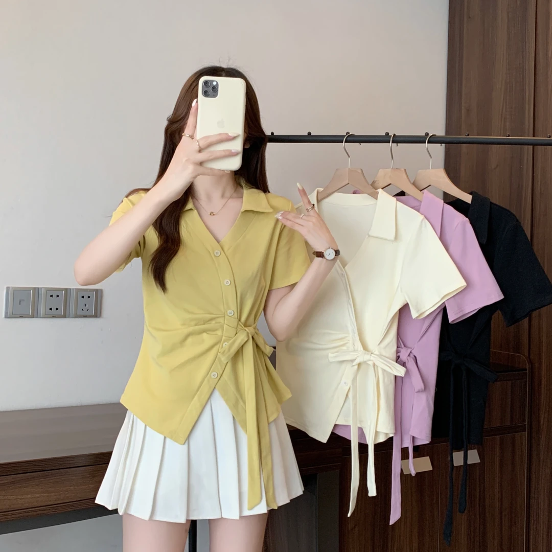 大码女装2025夏季新款显瘦褶皱V领收腰绑带短袖T恤上衣2010