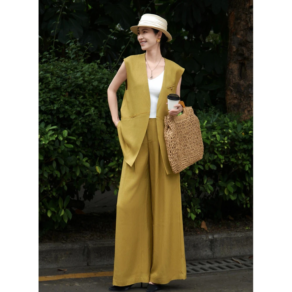 2025夏季老钱风宽松休闲马甲阔腿裤时尚酷飒通勤套装法式两件套潮