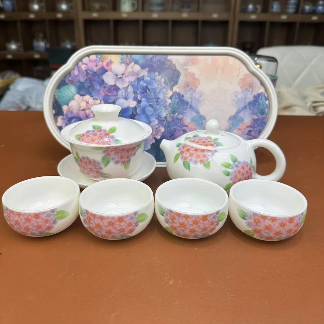 ZH3613-羊脂玉绣球花西施壶+绣球花茶盘+绣球花盖碗+绣球花客杯*4