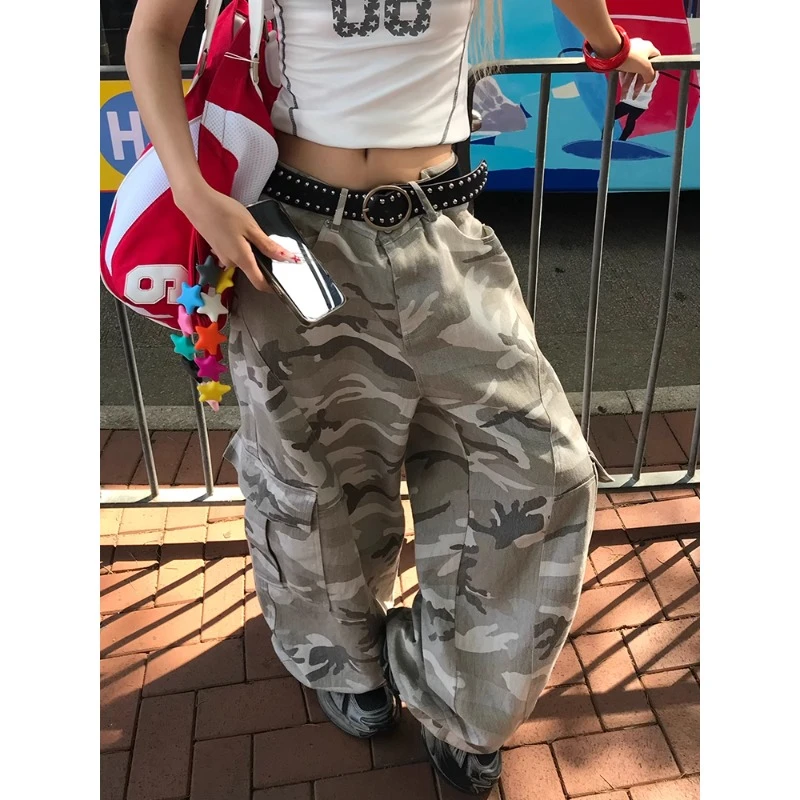 美式复古多口袋迷彩工装牛仔裤男女解构设计感阔腿弯刀裤帅气长裤