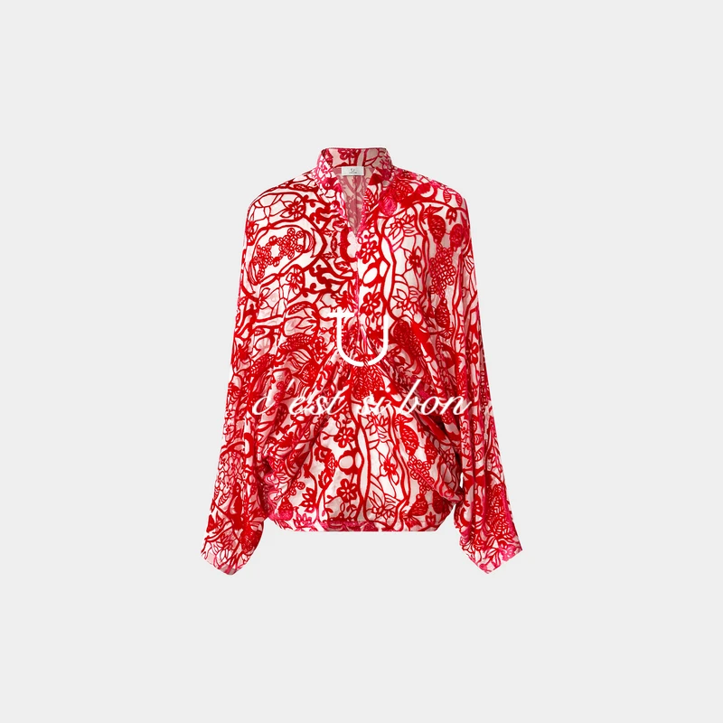 TU女装 凤鸣朝阳 红色真丝丝绒衬衫气质宽松时尚优雅长袖上衣