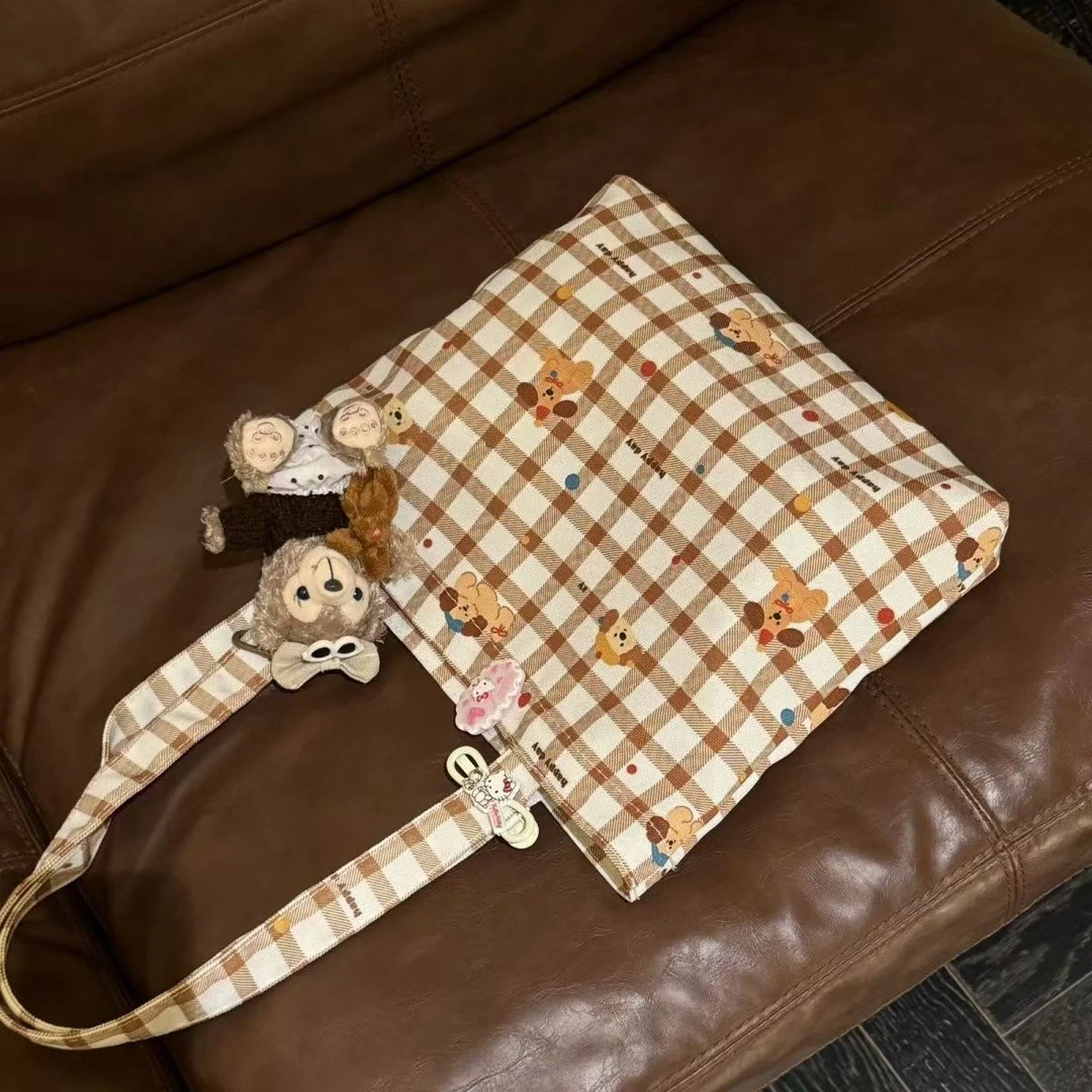 原创设计中古kitty格子帆布布袋手提外出学生格纹百搭便携小包包