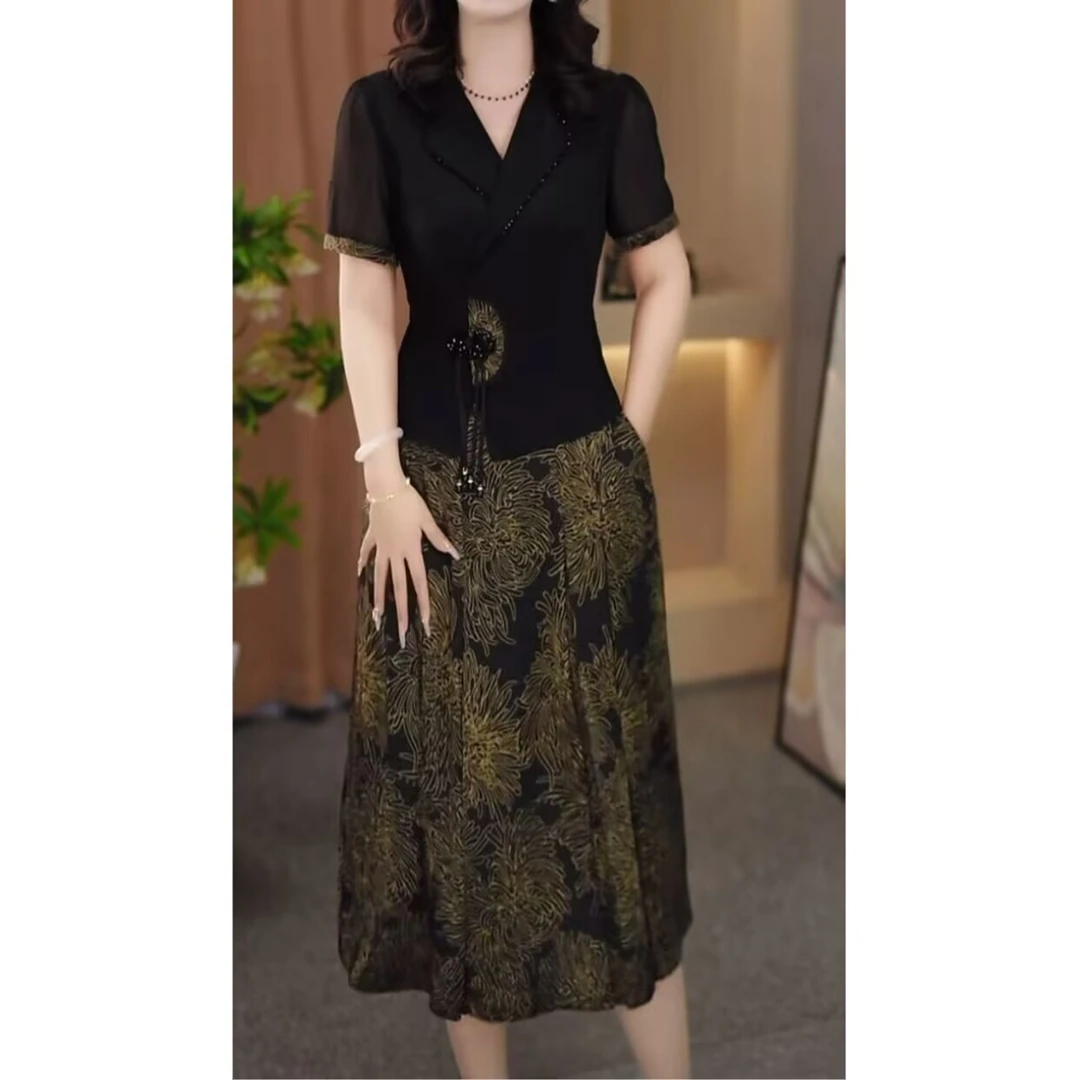 2025夏季轻熟风时尚女人味减龄显瘦气质中长款假两件连衣裙M-5XL