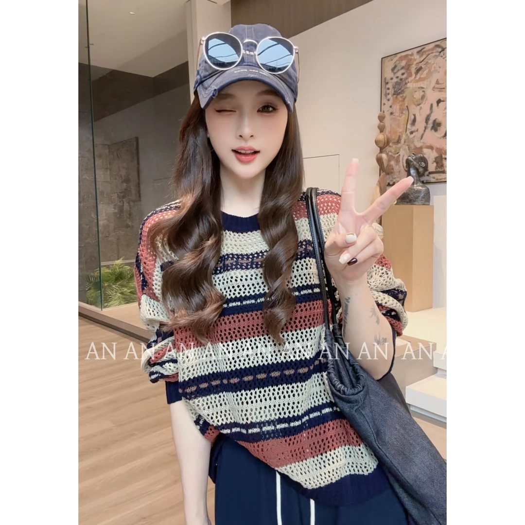 C08273秋季宽松慵懒风别致百搭圆领套头条纹镂空针织衫毛衣