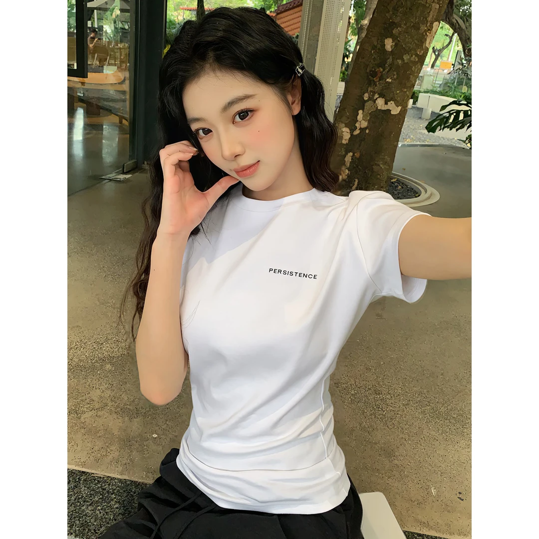 尔给夏季美式短袖T恤女圆领白色高弹显瘦辣妹修身小众打底上衣