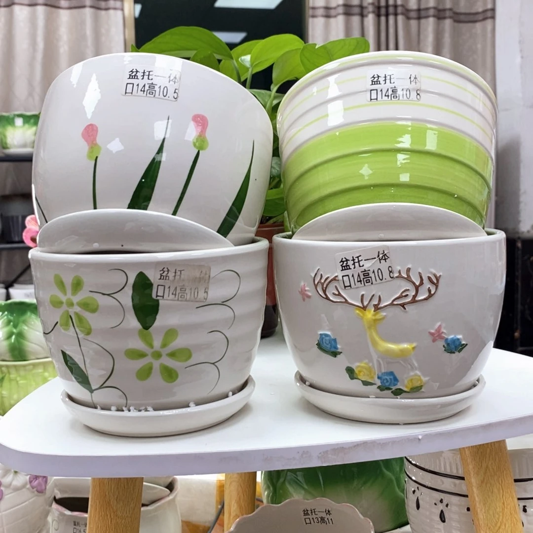 @陶瓷花盆@@四个手绘