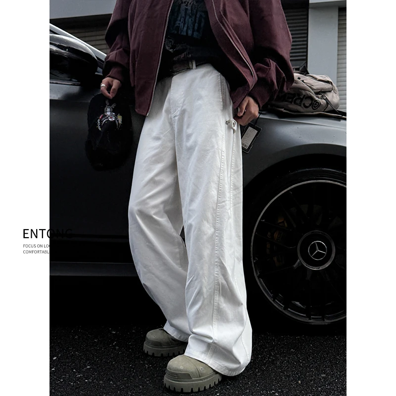 Entong美式潮牌宽松微喇休闲裤男款秋季百搭弯刀裤子vibe做旧长裤
