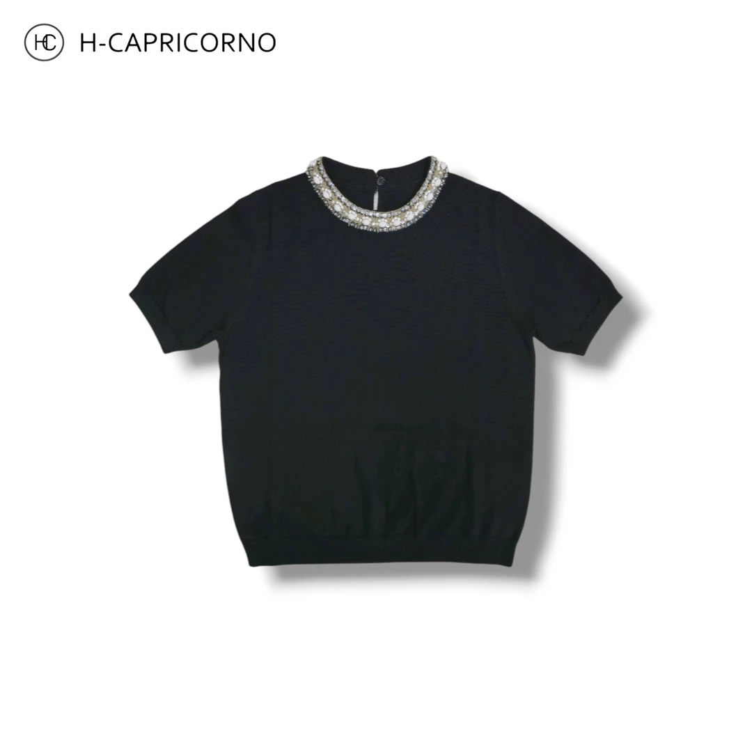 H-CAPRICORNO赫本重工装饰钉珠圆领优雅黑短袖可毛衣针织衫