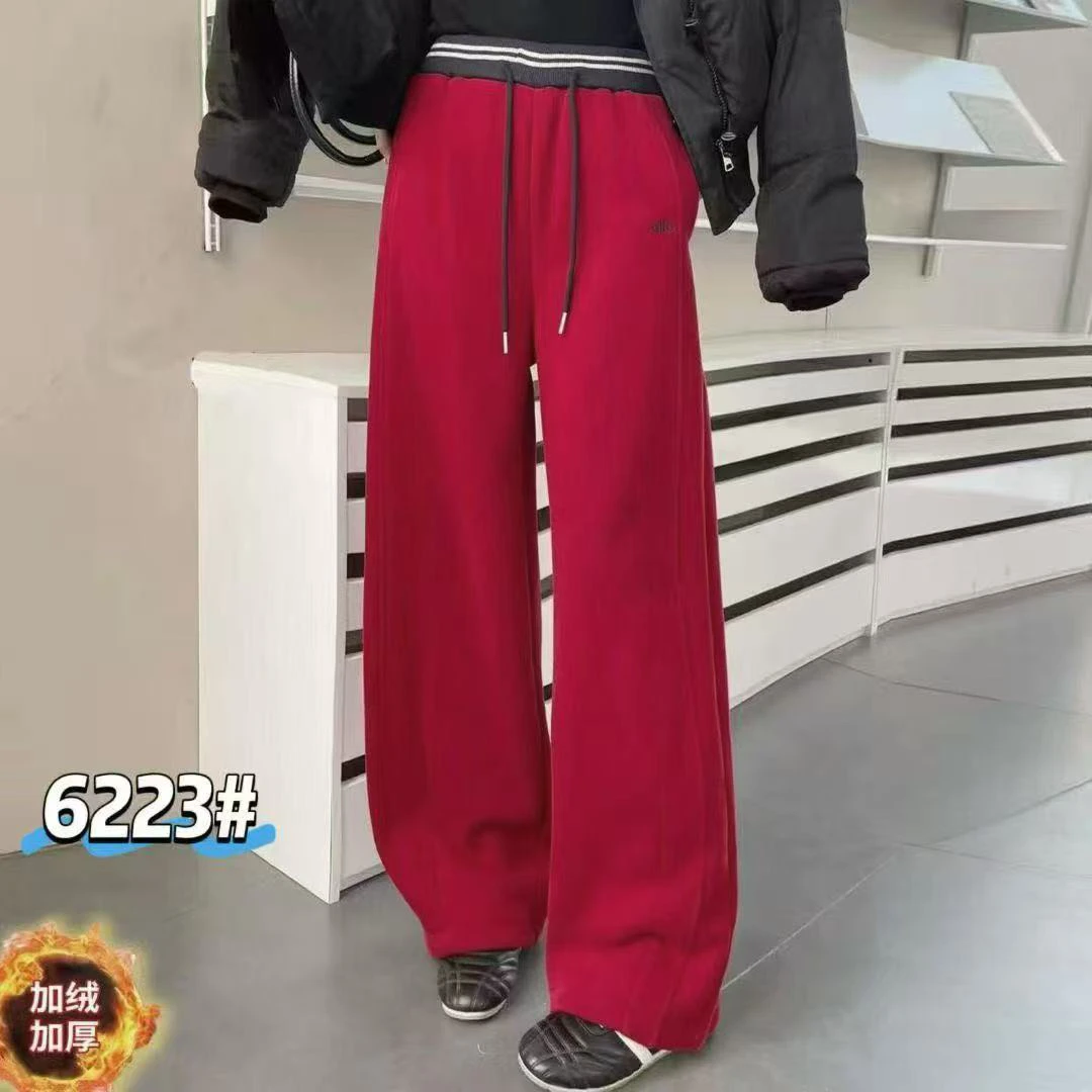 冬季新款加绒抽绳宽松直筒休闲显瘦女卫裤