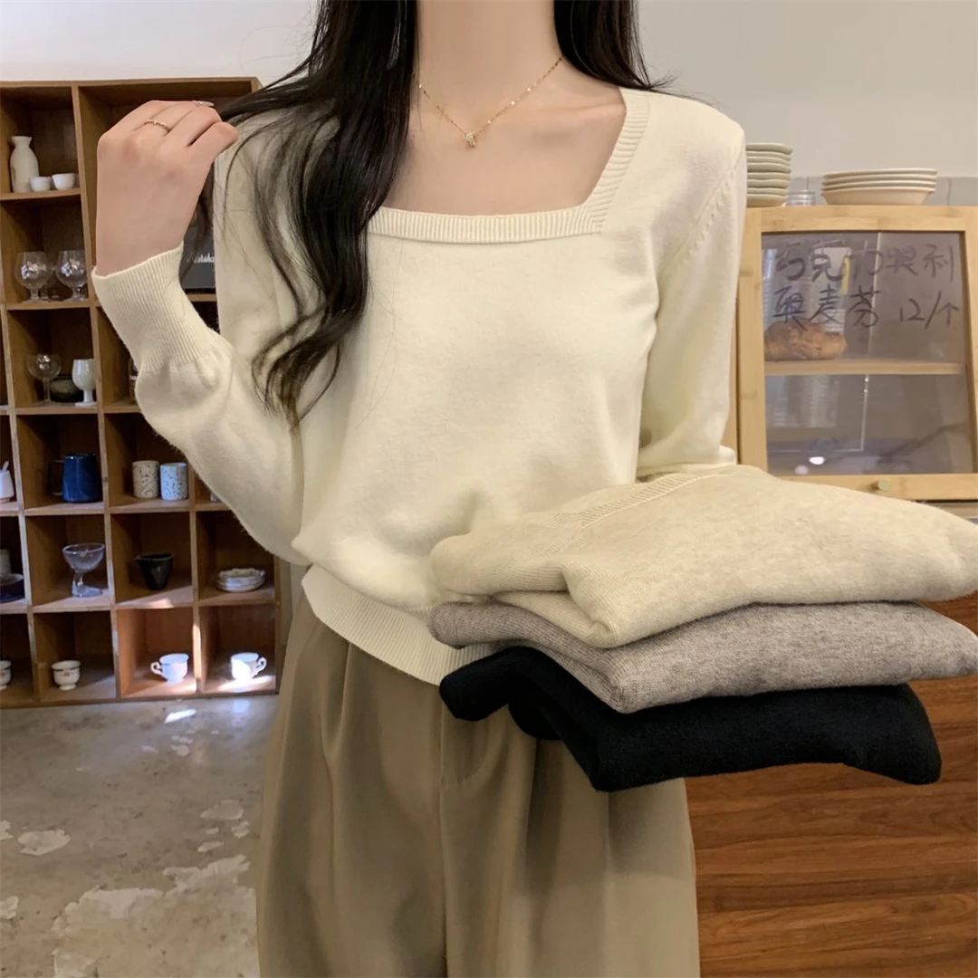 2025秋冬新款韩版修身百搭方领显瘦内搭安迪绒针织打底衫女毛衣潮