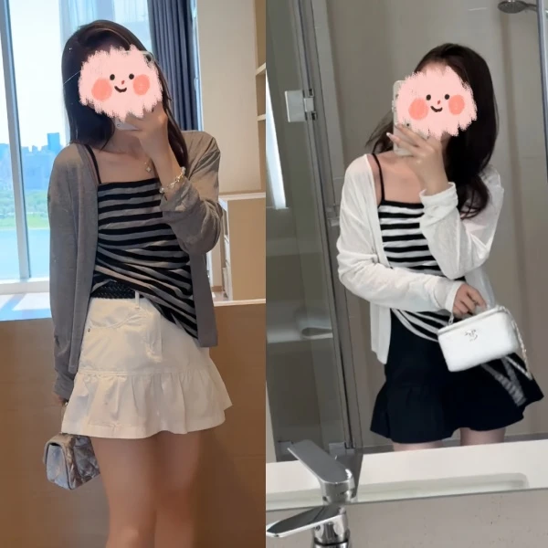 夏季新款一整套搭配时尚流行套装条纹吊带披肩开衫百搭短裙三件套
