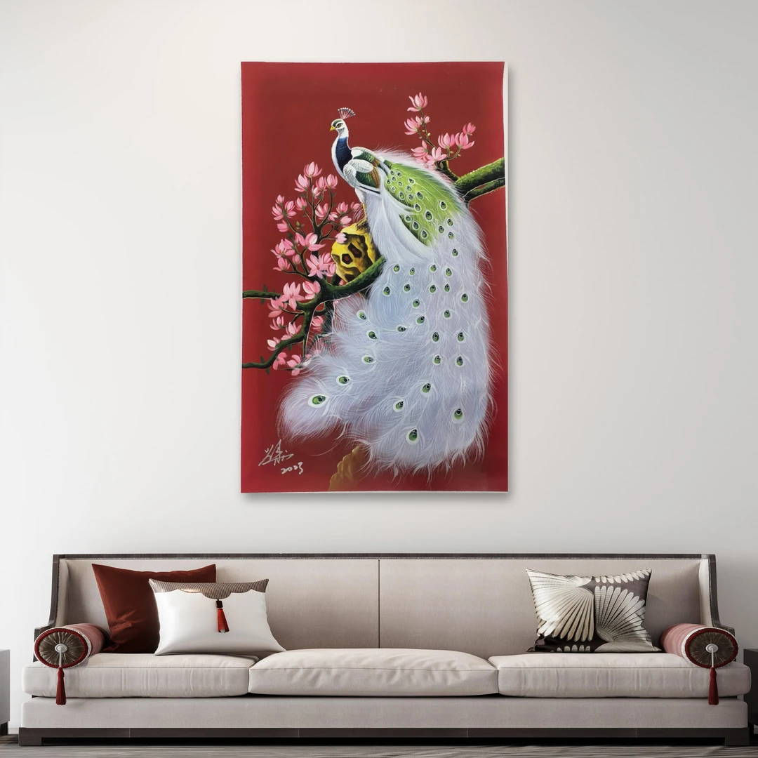 刘用华-手绘油画-孔雀-客厅办公室挂画