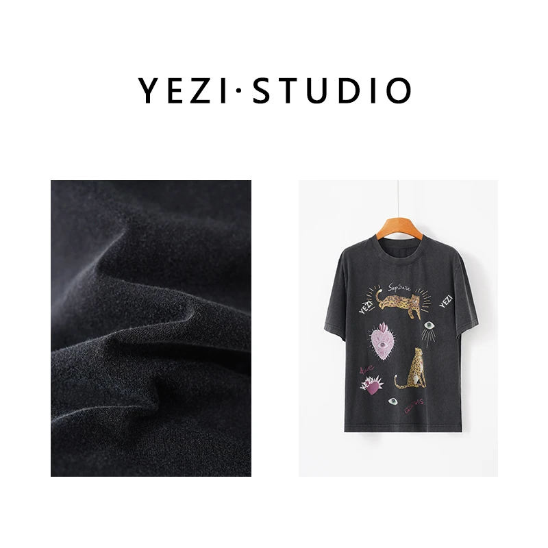 【金钱豹】数码印重酵素水洗磨毛做旧童趣宽松大T恤25217017