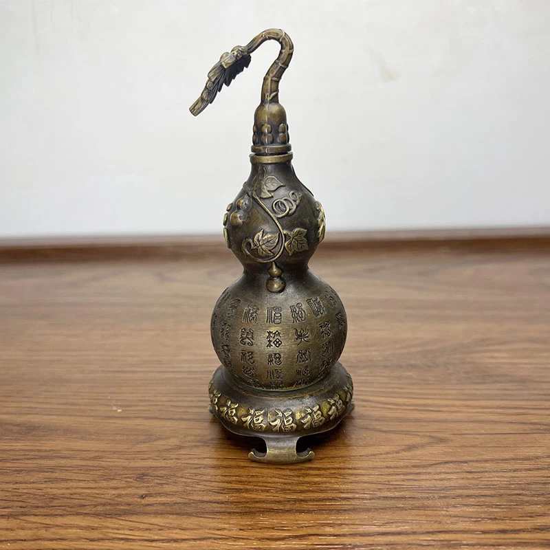 纯铜鎏金一叶抱金带底座百福葫芦复古铜器家居摆件