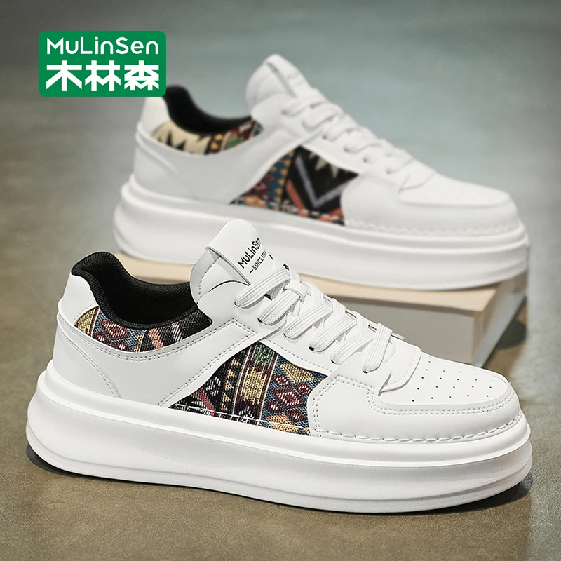 木林森板鞋男款2025新款夏季透气工作休闲百搭增高运动男士小白鞋