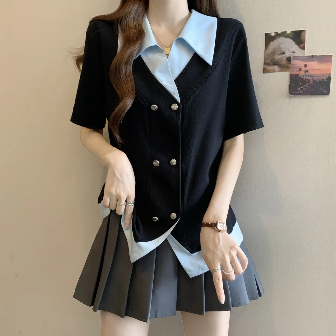 大码女装POLO领设计感假两件短袖衬衫女夏季胖mm显瘦遮肉正肩上衣