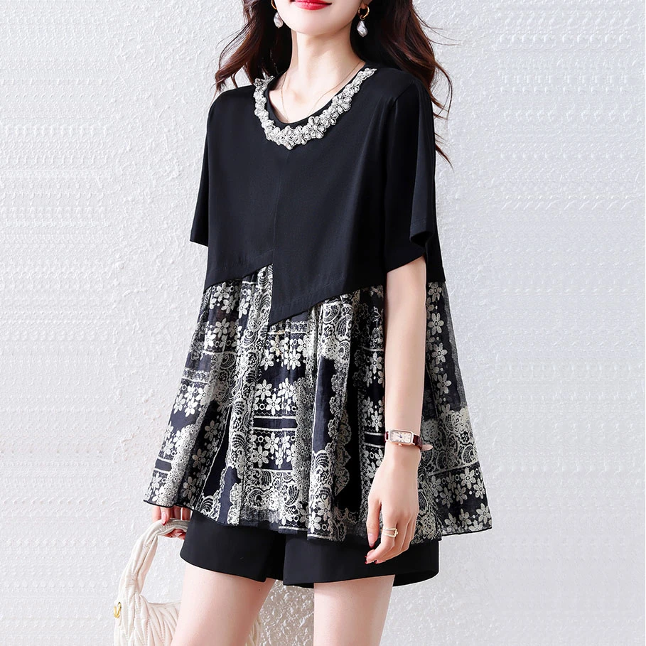 假两件印花拼接圆领短袖T恤大码女装胖mm2025夏新款遮肚子显瘦