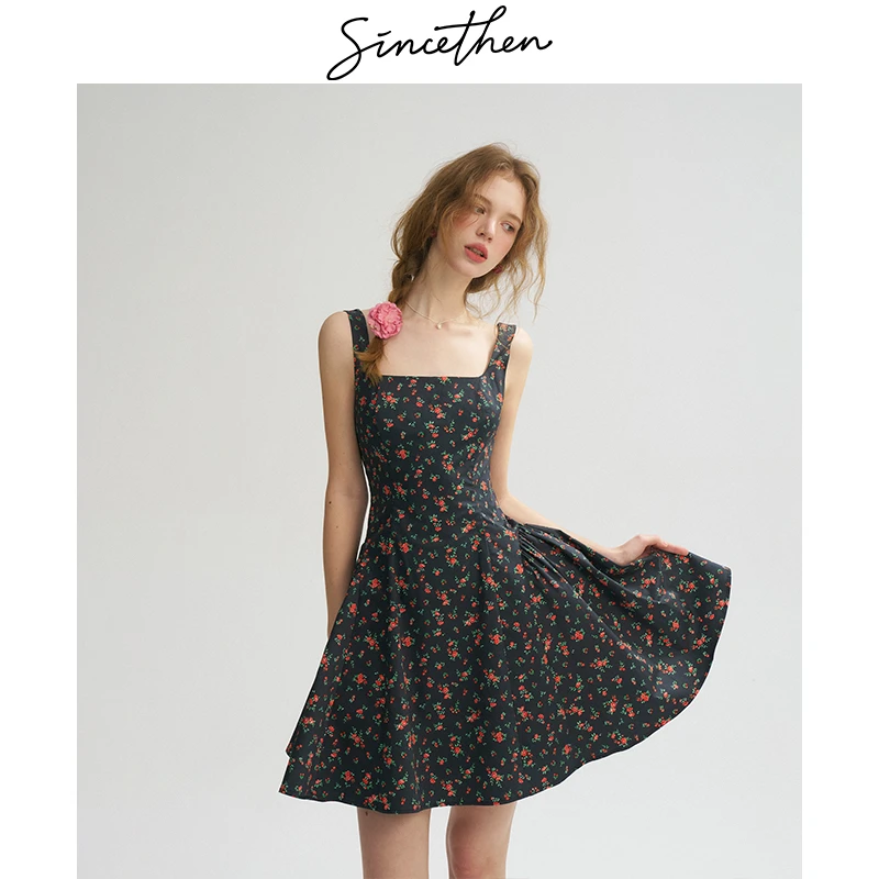 sincethen 微醺陷阱法式碎花吊带连衣裙无袖短裙小个子裙子女夏季