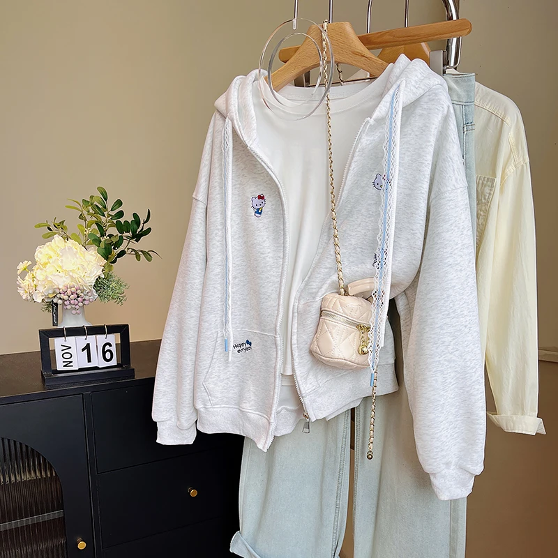 随便搭都好看！可爱卡通猫咪拉链开衫外套女秋冬初中学生减龄卫衣