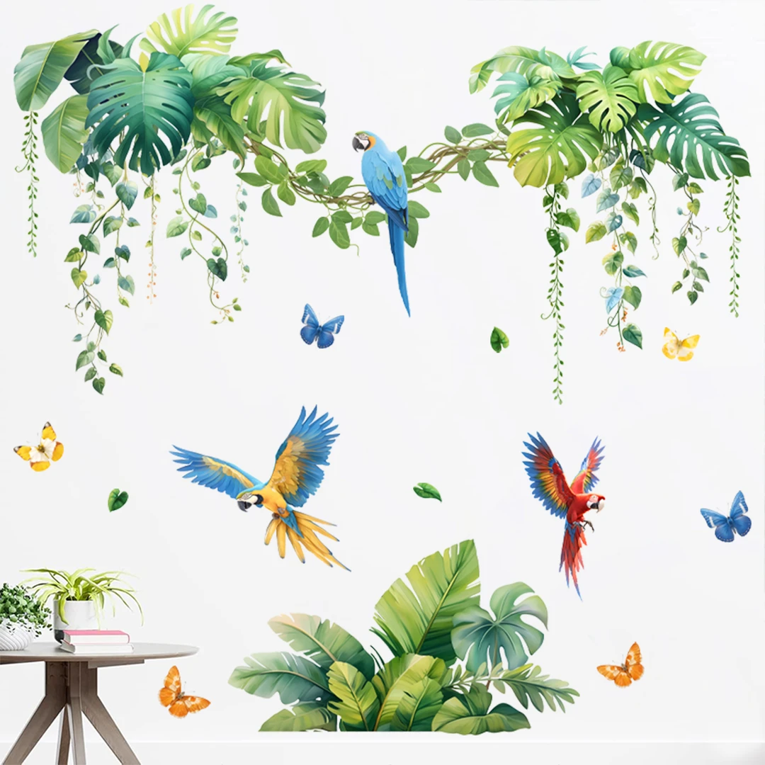 新款创意绿植芭蕉叶墙贴鹦鹉蝴蝶客厅卧室背景装饰免胶自粘墙贴