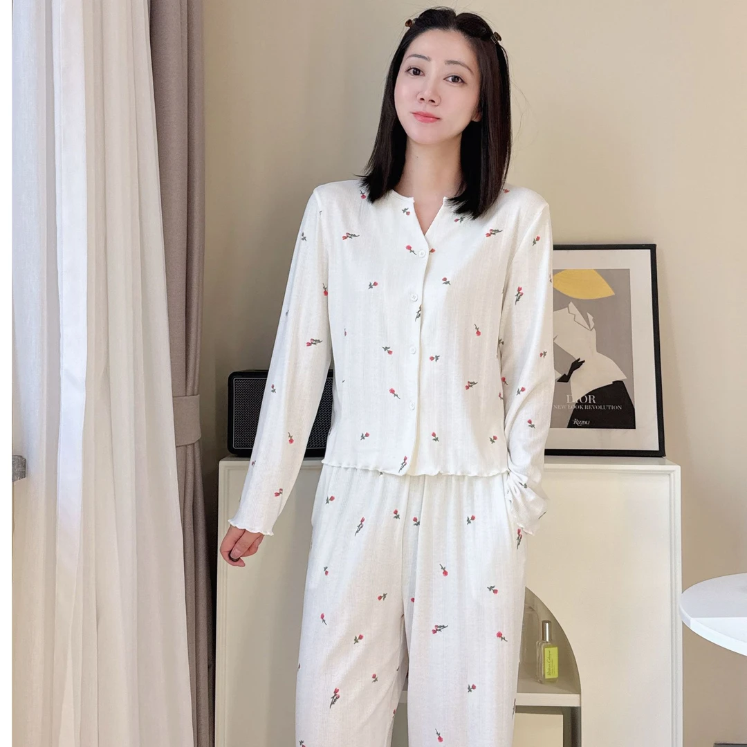 睡衣女春秋V领开衫碎花柔软修身家居服套装睡衣女款爆款2025新款
