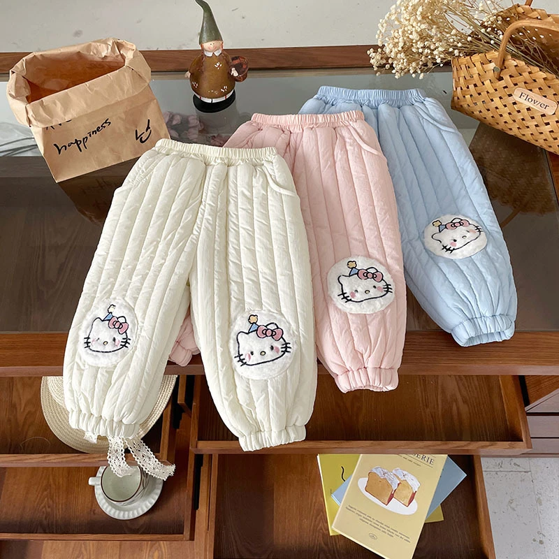 现货女童秋冬加厚猫咪贴布条格纹加绒防寒保暖童裤QK252190适合20