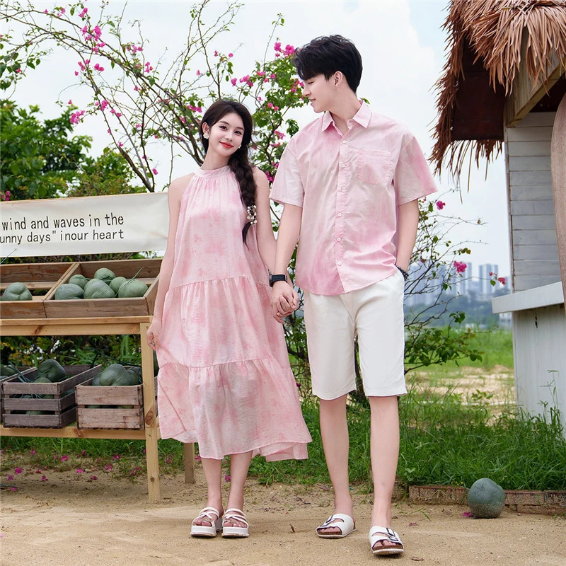 情侣装夏装公主风休闲大码长款女挂脖蝴蝶结粉色长裙礼服男衬衫