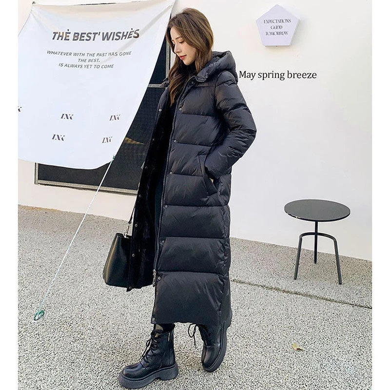 黑色长款过膝羽绒棉服派克服冬季新款亮面韩版宽松棉衣外套女装