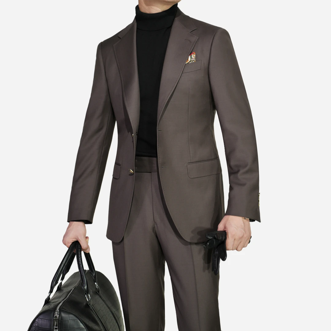 老钱风丨茶棕色丨纯羊毛高定 全手工半麻衬西装套装复古休闲意式