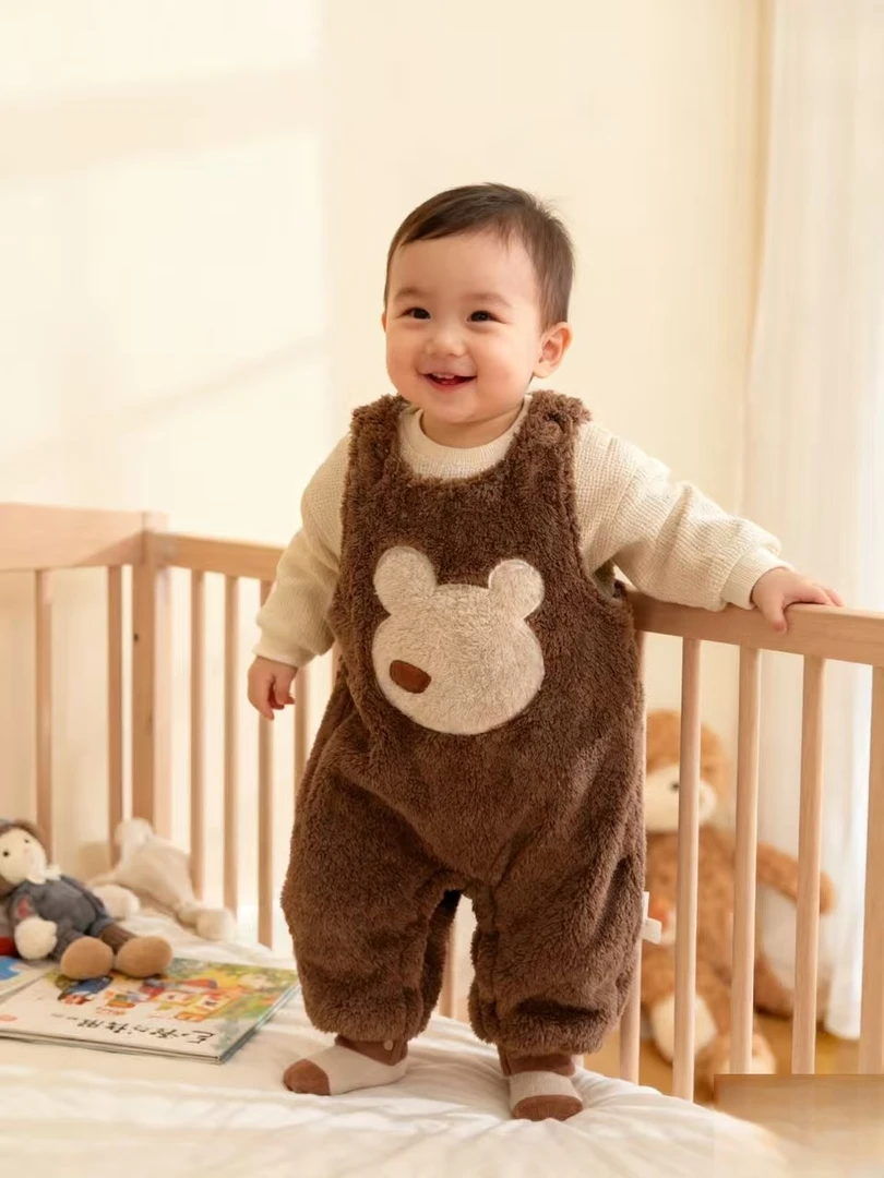 （胖米定制）新生儿婴幼儿秋冬新款加绒背带套装（上衣+背带裤）