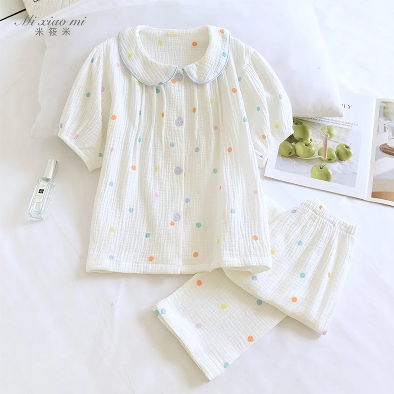 米筱米儿童夏季薄清新泡泡棉纱睡衣套短袖长裤女童全棉宝宝家居服