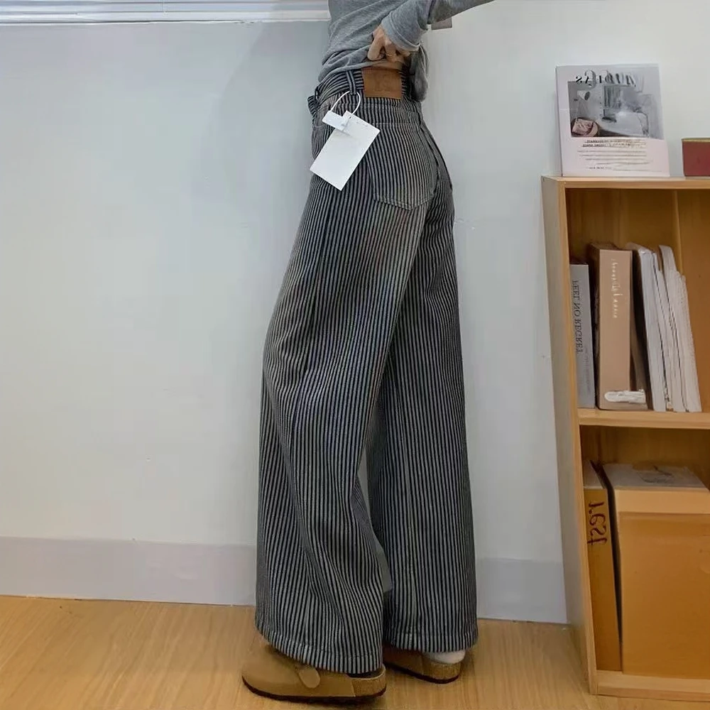 黑灰色条纹阔腿牛仔裤女2025春季新款梨形身材高腰垂感拖地直筒裤