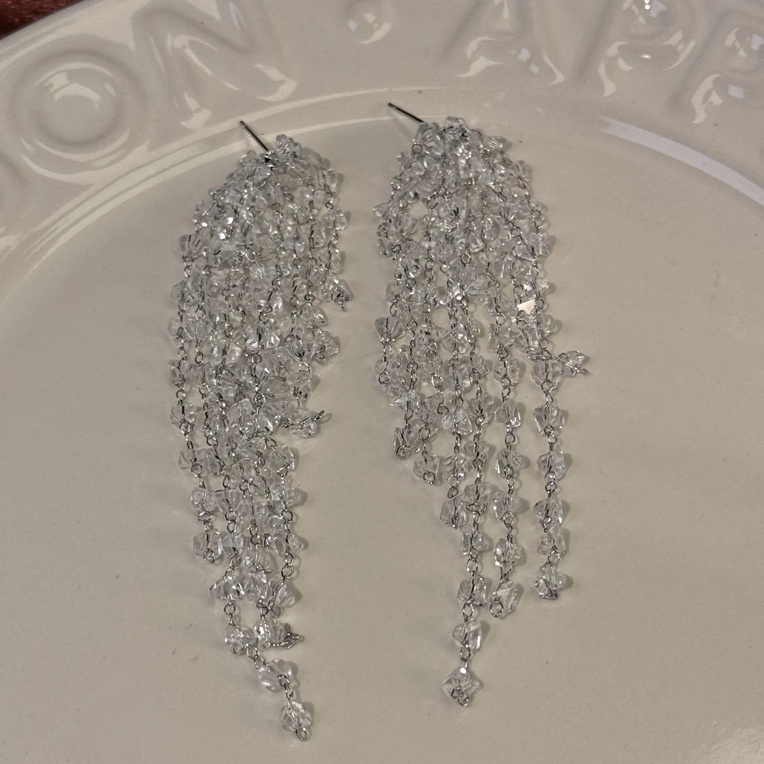 铜合金耳饰 白羽】小众气质高级感长款水晶流苏耳环仙女时尚耳钉潮