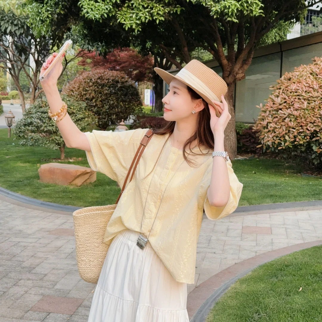 【回头密码】马克华菲舒适简约欧若风圆领女士短袖衬衫F52003A500