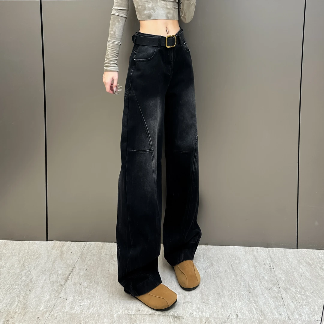 2025春款高街美式倒装牛仔裤女水洗复古休闲弯刀裤拖地裤Y5006